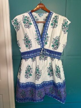 CeCe Dress with Blue and Teal Floral Print Lined Size XL Pockets 100% Cotton